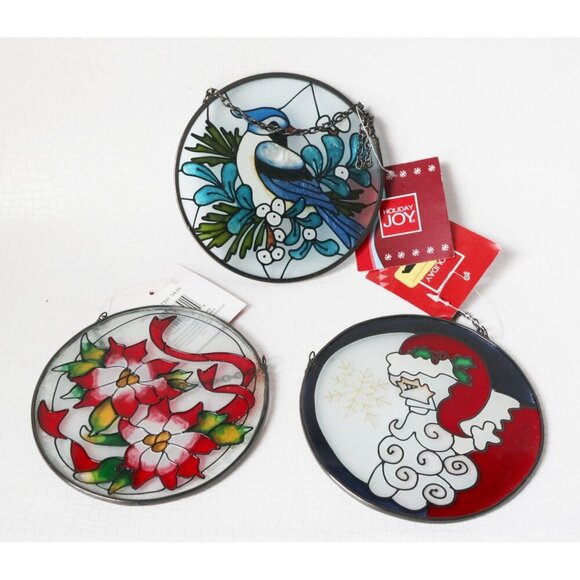 3 Vintage Christmas Suncatchers Reverse Painting on Glass Santa Poinsettias Blue - Picture 5 of 5